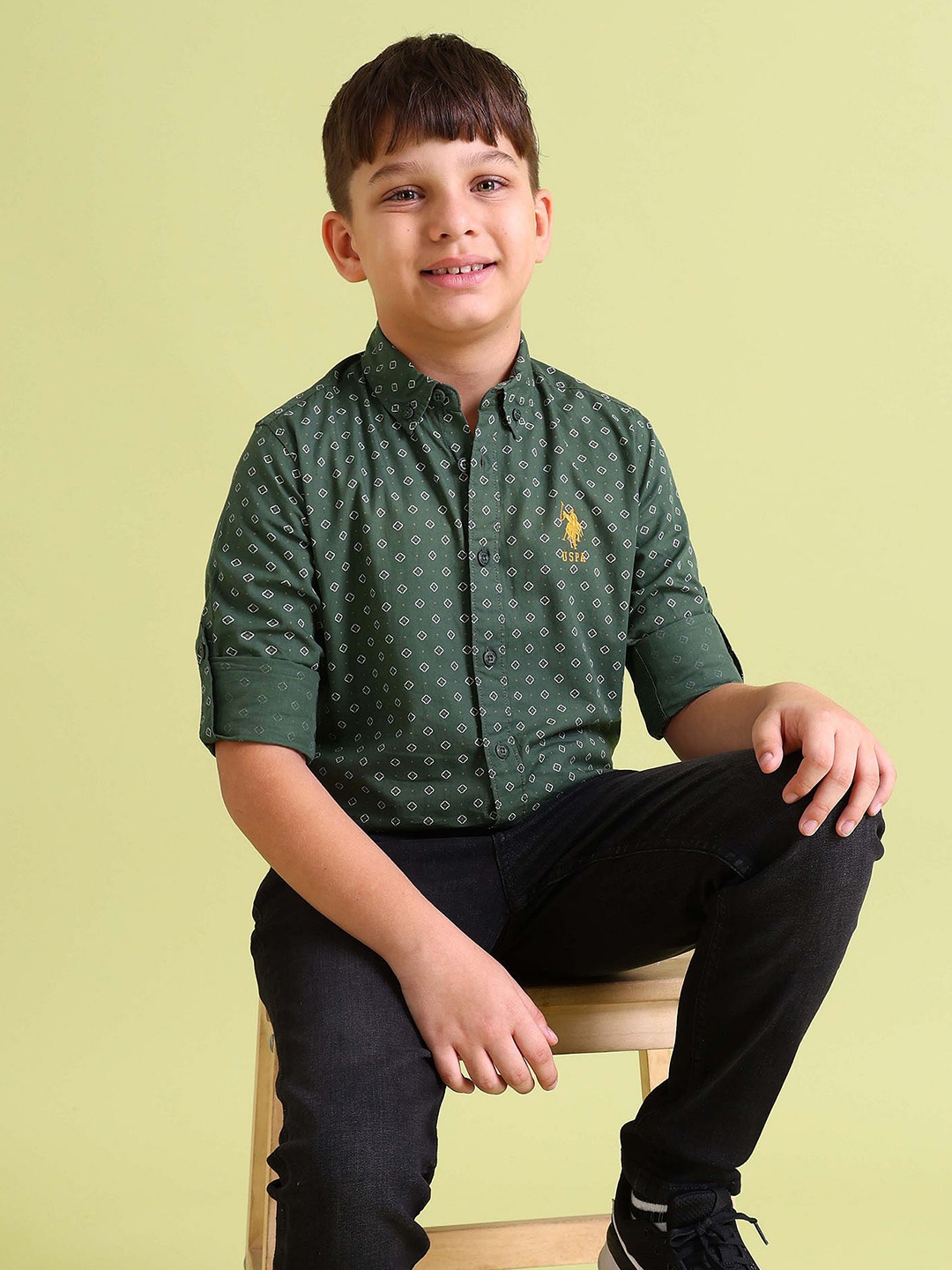 

U.S. Polo Assn. Kids Boys Geometric Printed Cotton Casual Shirt, Green