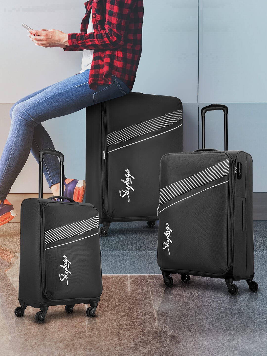

Skybags Set of 3 Trolley Suitcases - Cabin, Medium and Large, Black