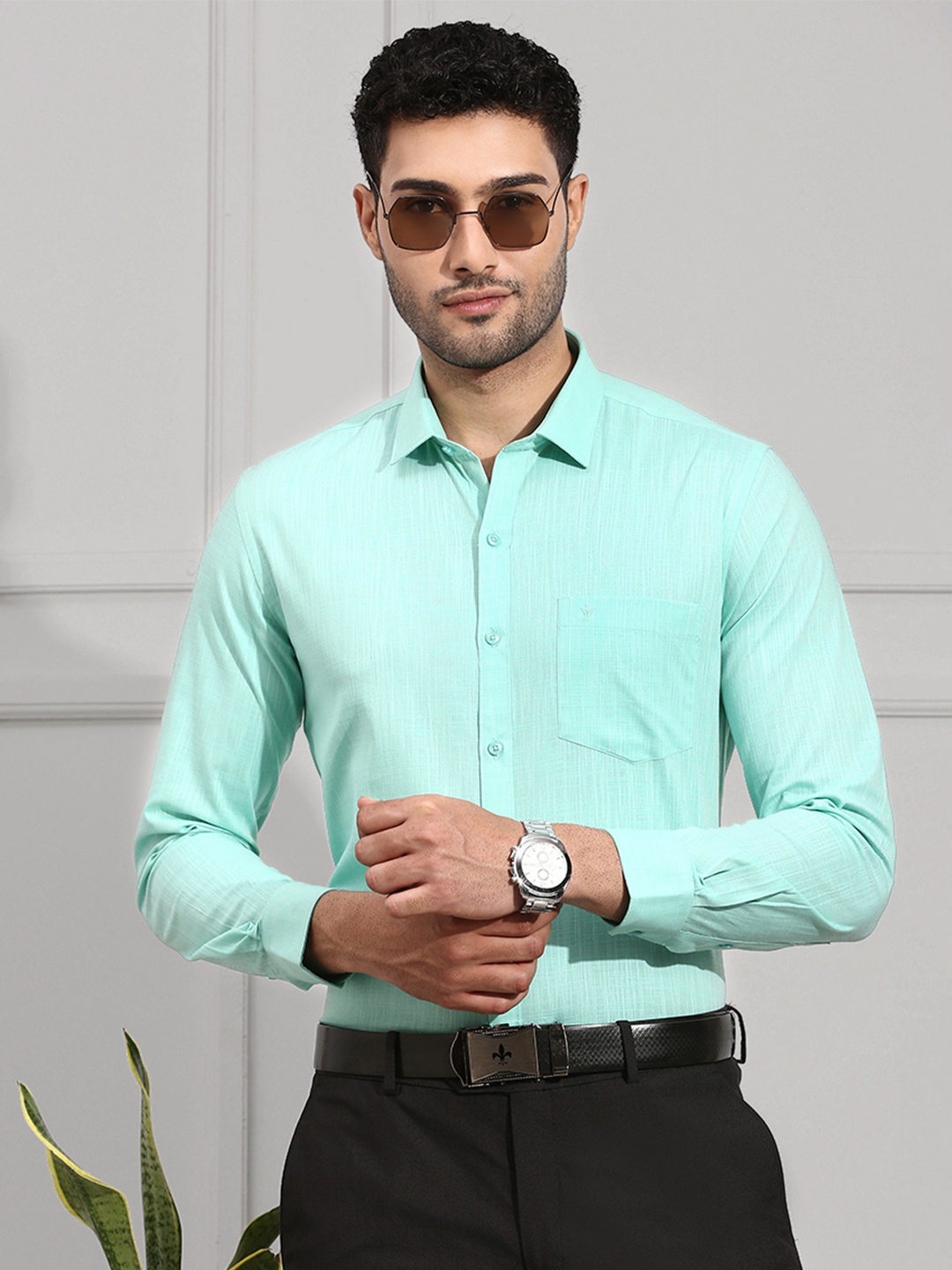 

Ramraj Original Micro Checks Pure Cotton Formal Shirt, Teal