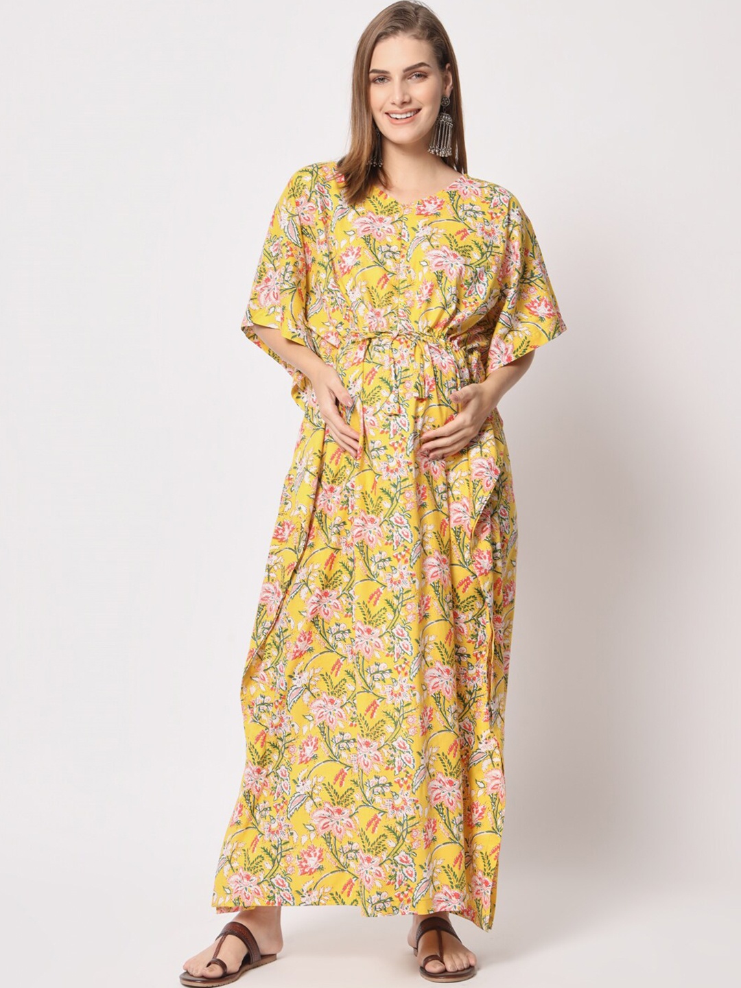 

Aujjessa Floral Printed Maternity Pure Cotton Kaftan Maxi Ethnic Dress, Yellow