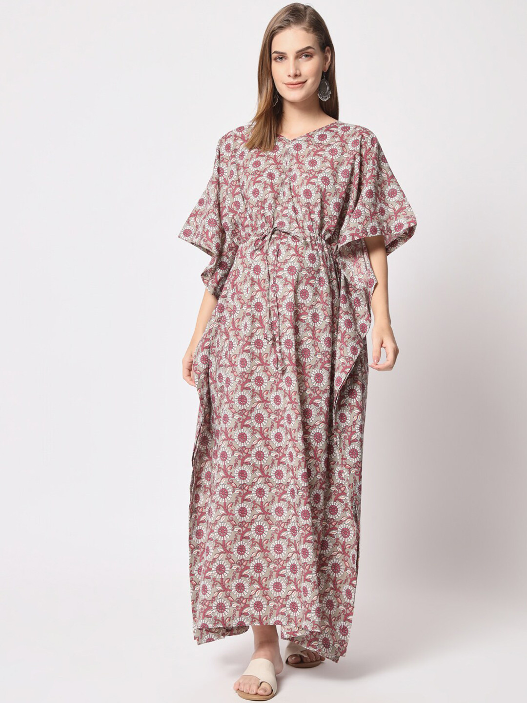 

Aujjessa Floral Printed Maternity Maxi Front Zipper Feeding Pure Cotton Kaftan Dress, Beige
