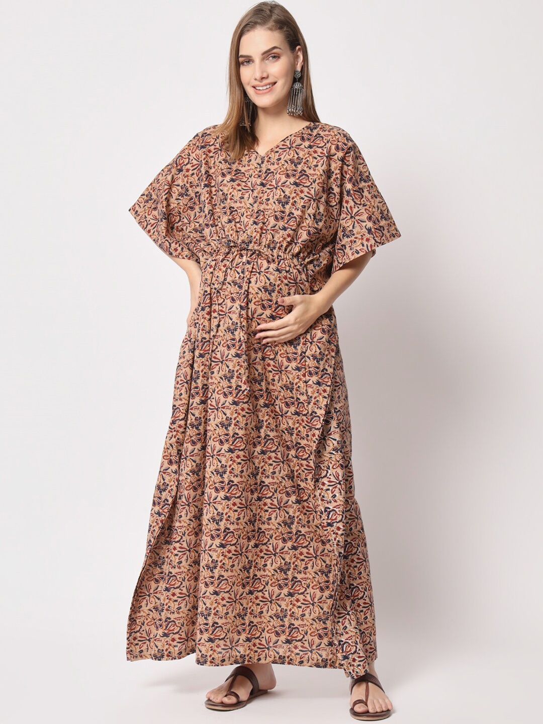 

Aujjessa Floral Printed Maternity Maxi Front Zipper Feeding Pure Cotton Kaftan Dress, Beige