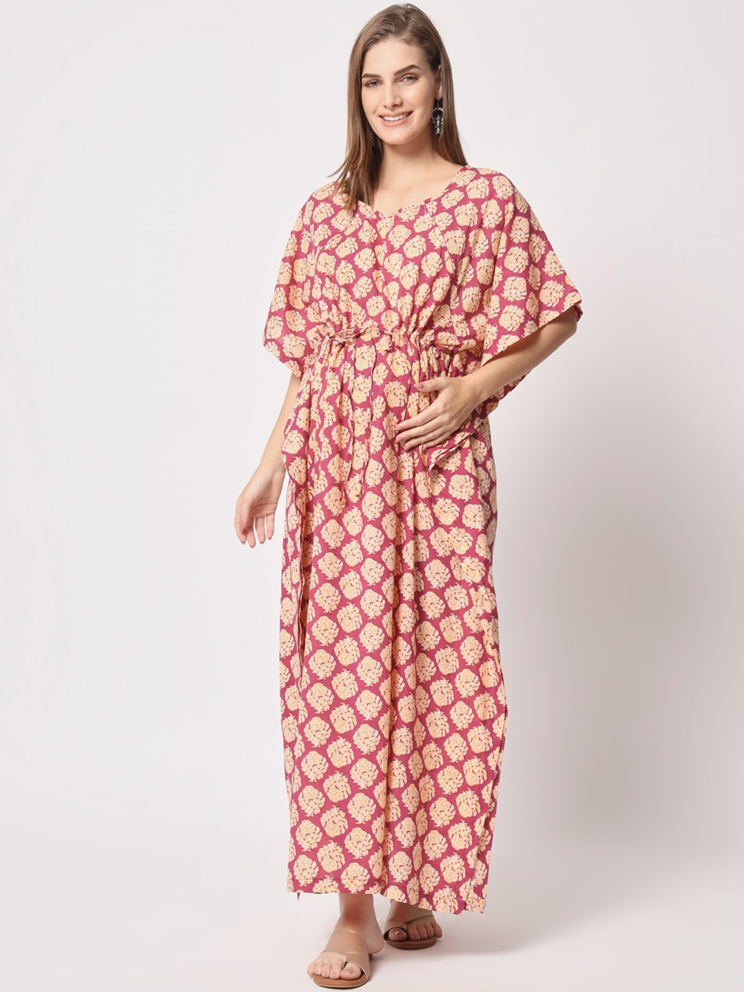 

Aujjessa Floral Printed Maternity Pure Cotton Kaftan Maxi Dress, Maroon