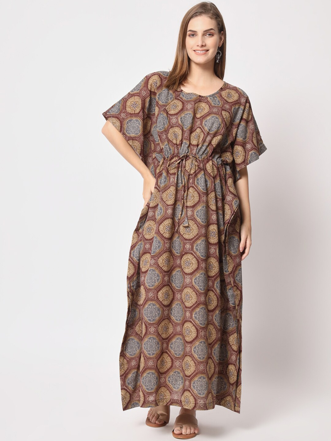 

Aujjessa Ethnic Motifs Tie-Up Maternity Front Feeding Zipper Pure Cotton Kaftan Dress, Brown