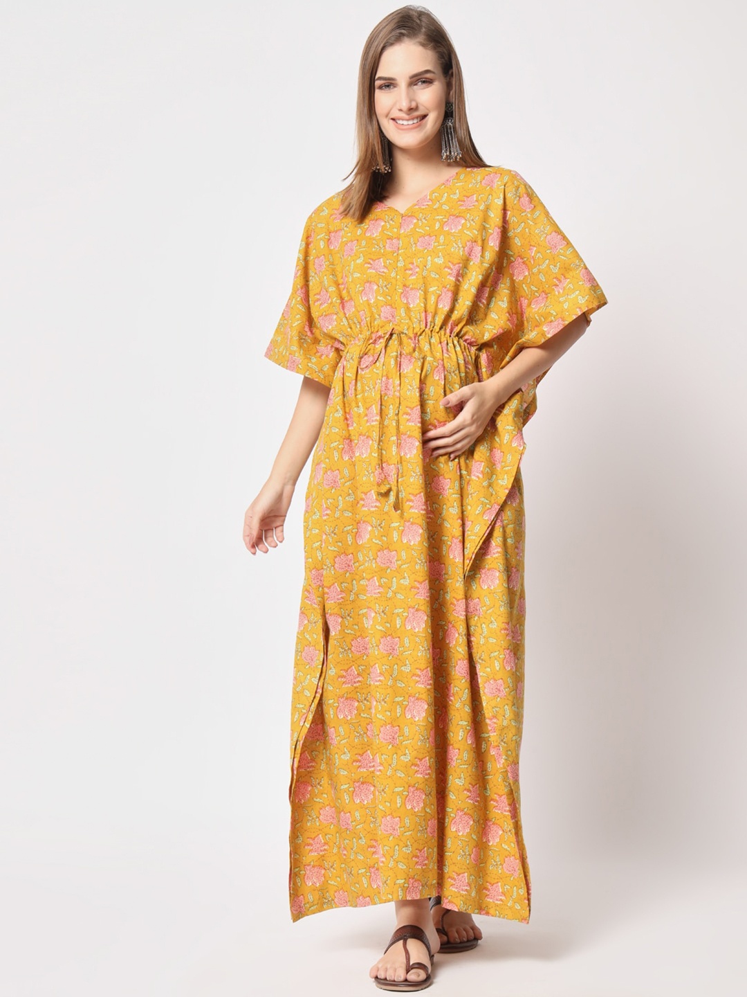 

Aujjessa Floral Printed Maternity Pure Cotton Kaftan Maxi Ethnic Dress, Mustard