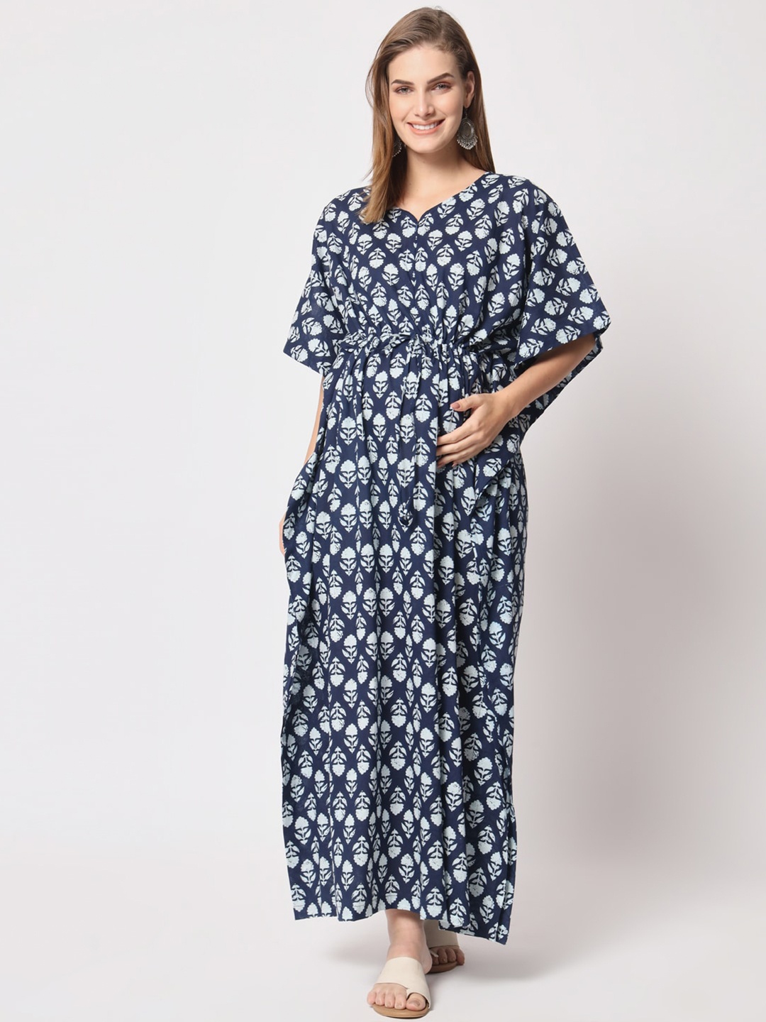 

Aujjessa Floral Printed Maternity Pure Cotton Kaftan Maxi Dress, Navy blue