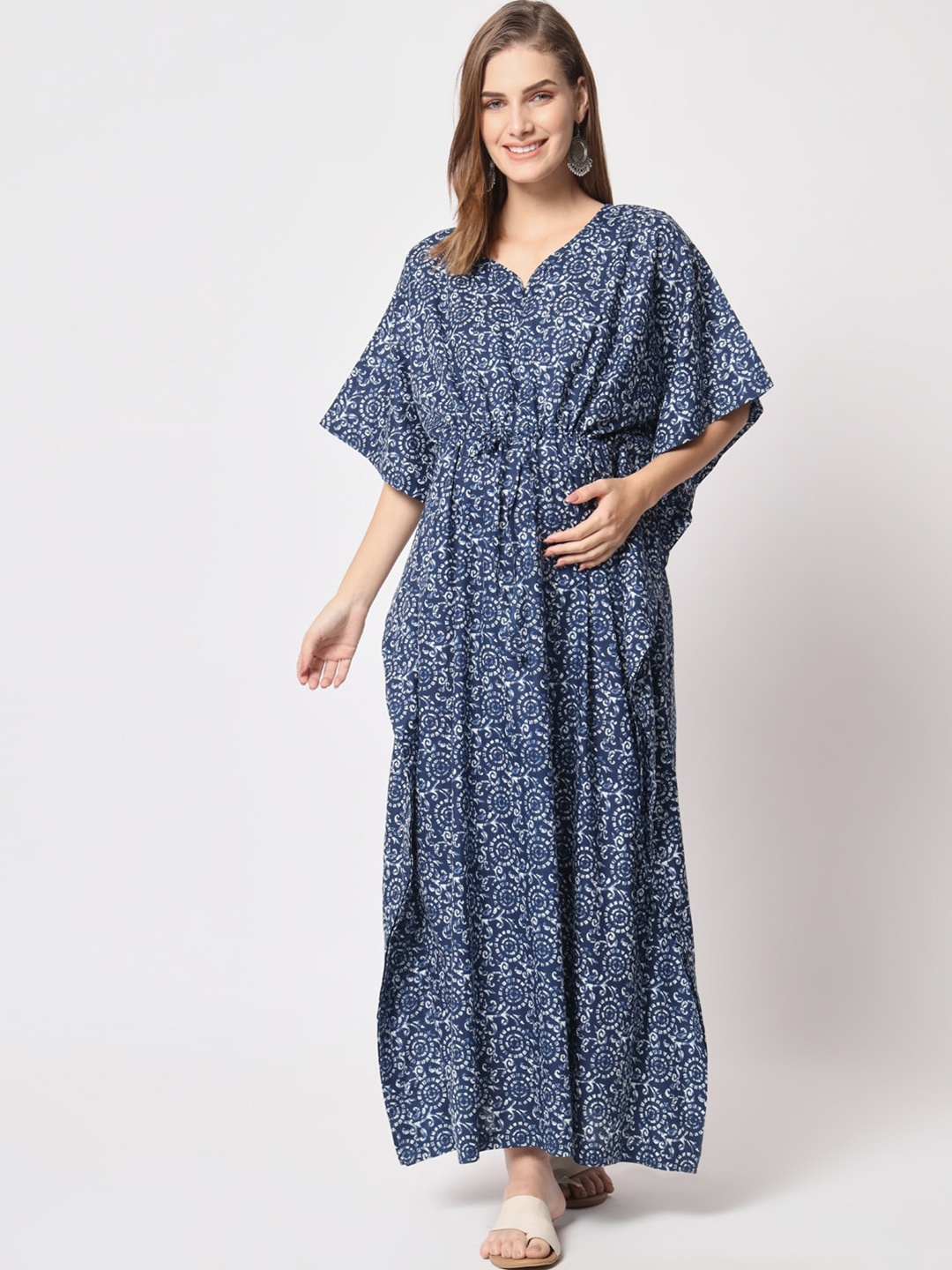 

Aujjessa Ethnic Motif Printed Maternity Pure Cotton Kaftan Maxi Ethnic Dress, Blue