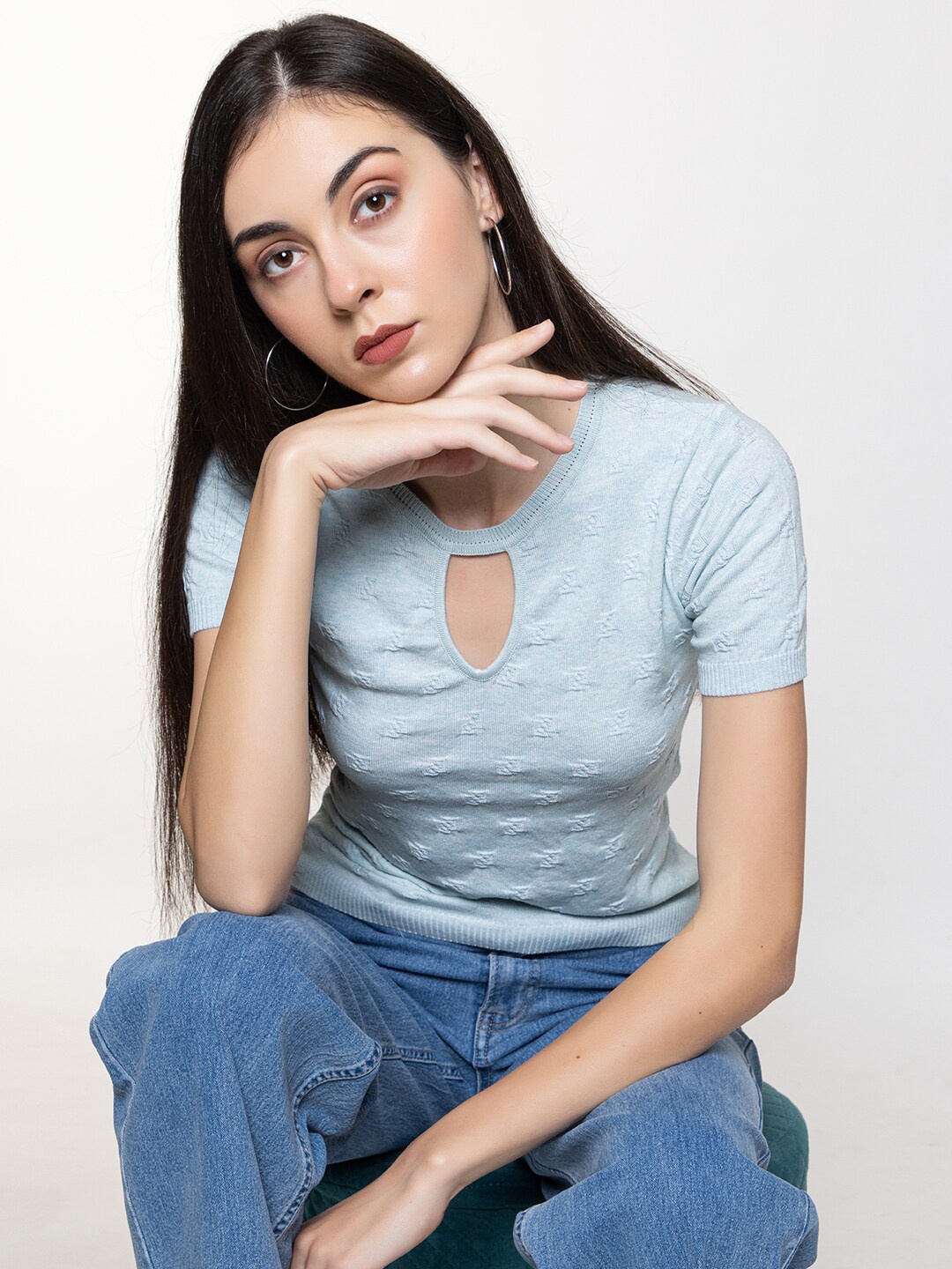 

ARMISTO Keyhole Neck Knitted Pure Cotton Top, Blue