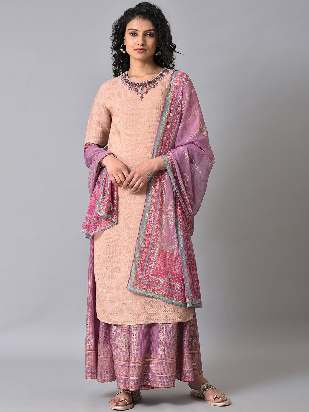 

WISHFUL Floral Embroidered Beads and Stones Kurta With Sharara & Dupatta, Pink