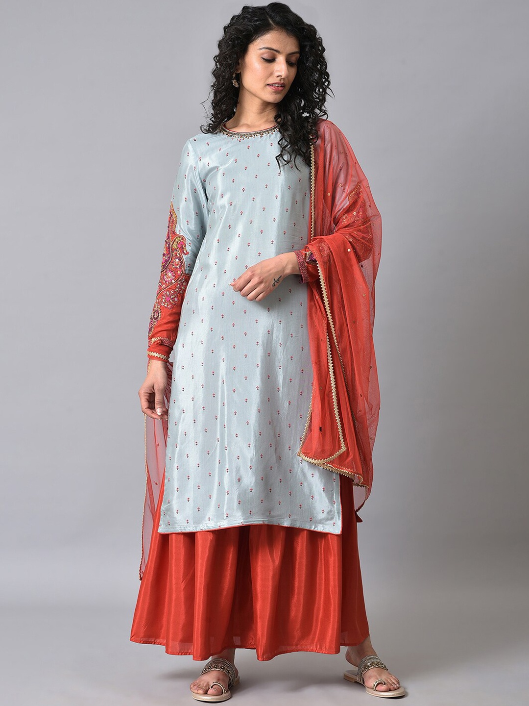 

WISHFUL Floral Printed Thread Work Kurta With Sharara & Dupatta, Blue