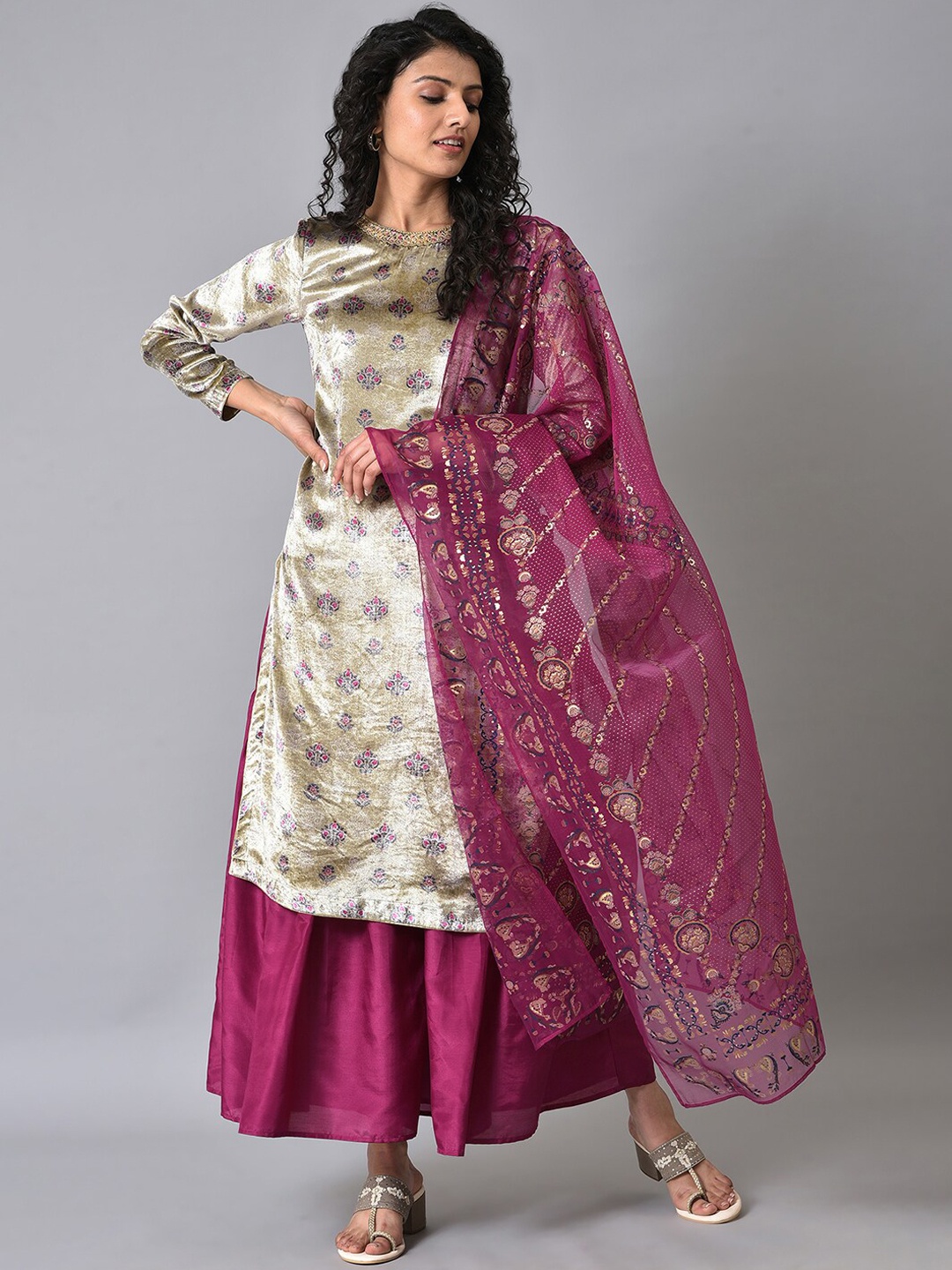 

WISHFUL Floral Printed Sequinned Velvet Kurta With Sharara & Dupatta, Grey