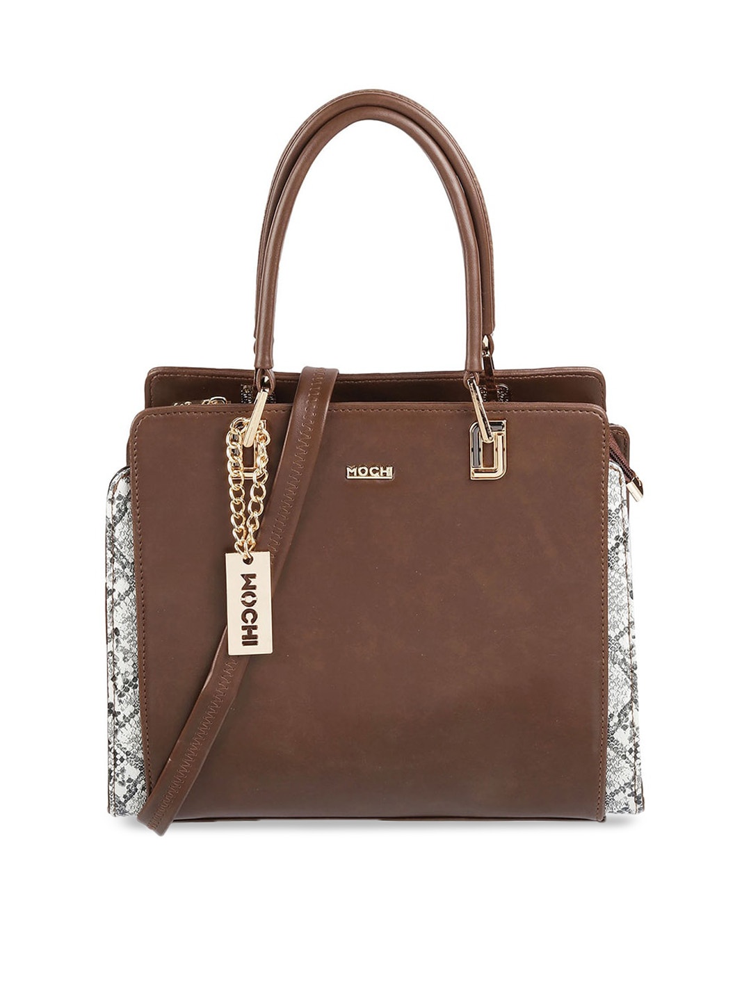 

Mochi Animal Printed Structured Handheld Bag With Tasselled, Brown