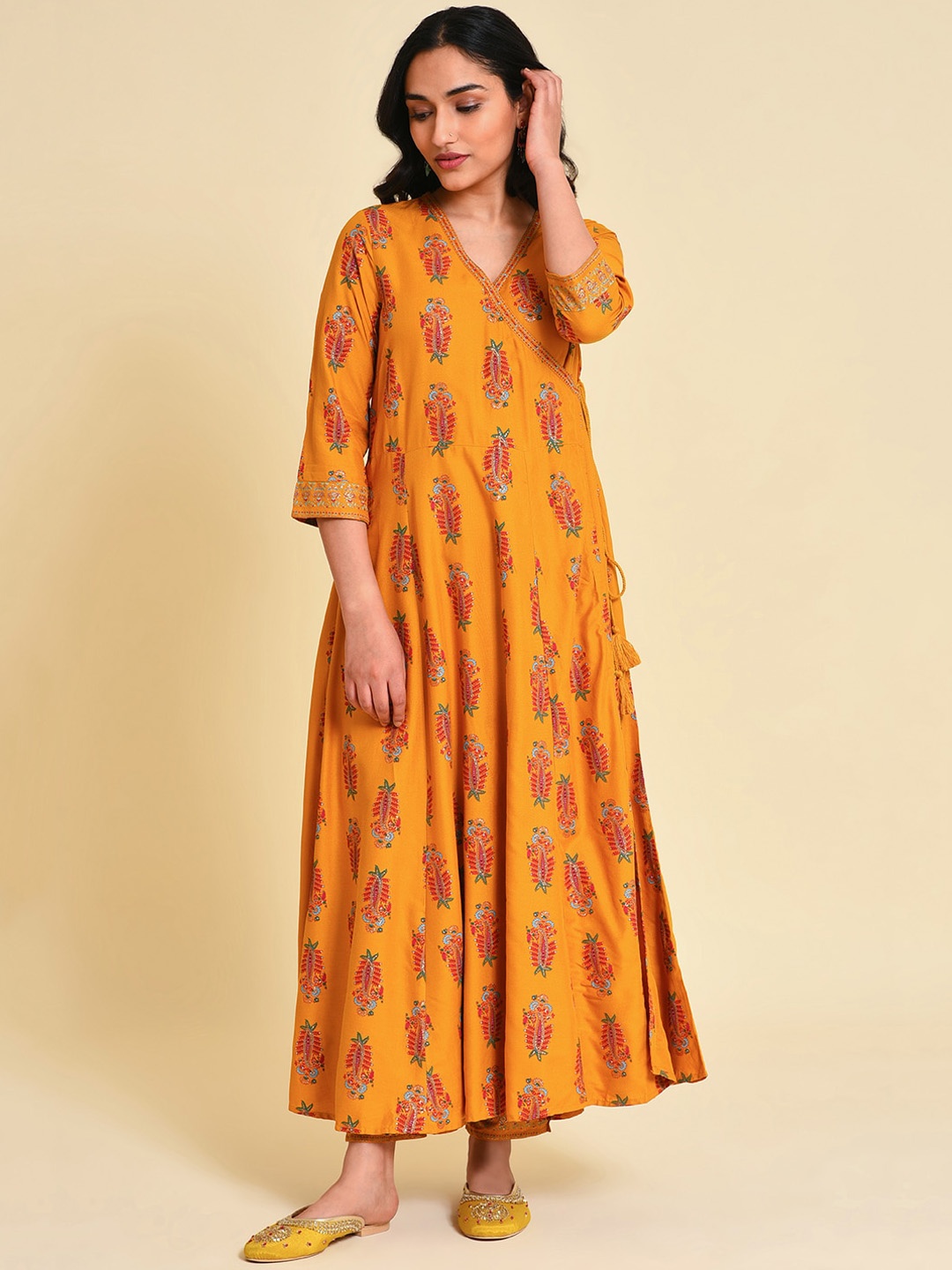 

W V-Neck Angrakha Ethnic Motifs Printed A-Line Kurta with Trousers, Mustard