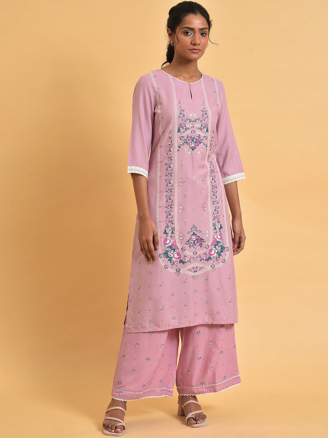 

W Floral Printed Keyhole Neck Gotta Patti Straight Kurta, Purple