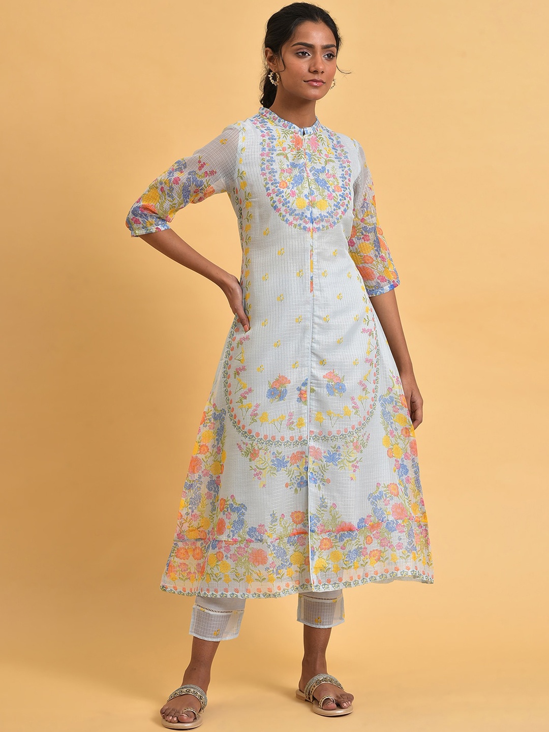 

W Floral Print Kota Kurta With Slim Pant, Blue