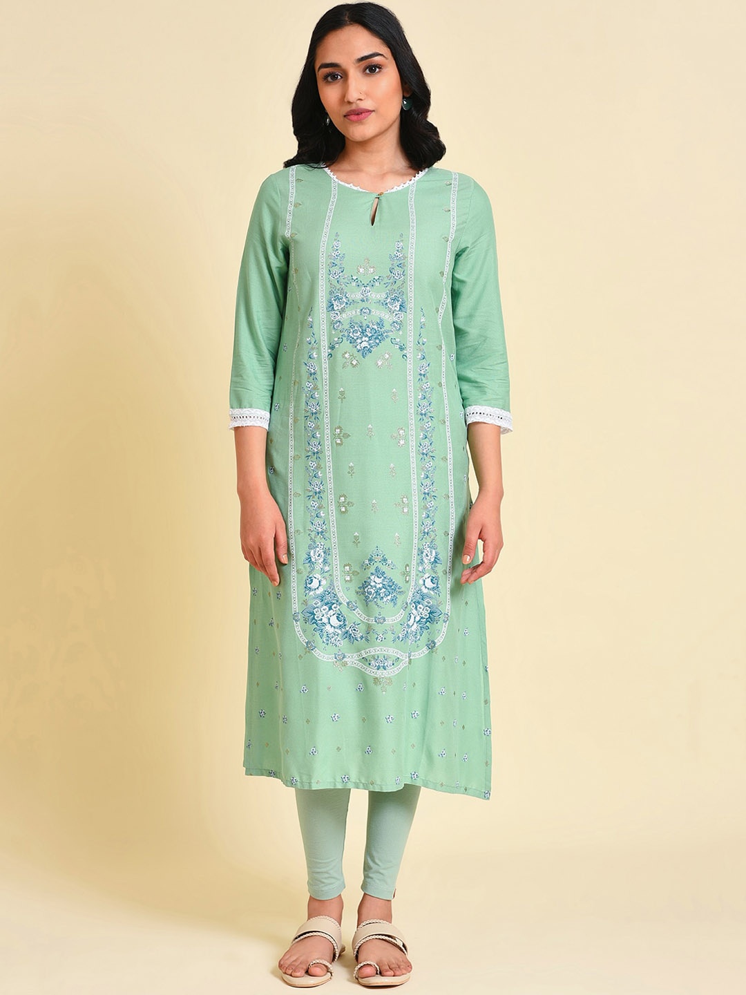 

W Floral Printed Keyhole Neck Gotta Patti Straight Kurta, Green