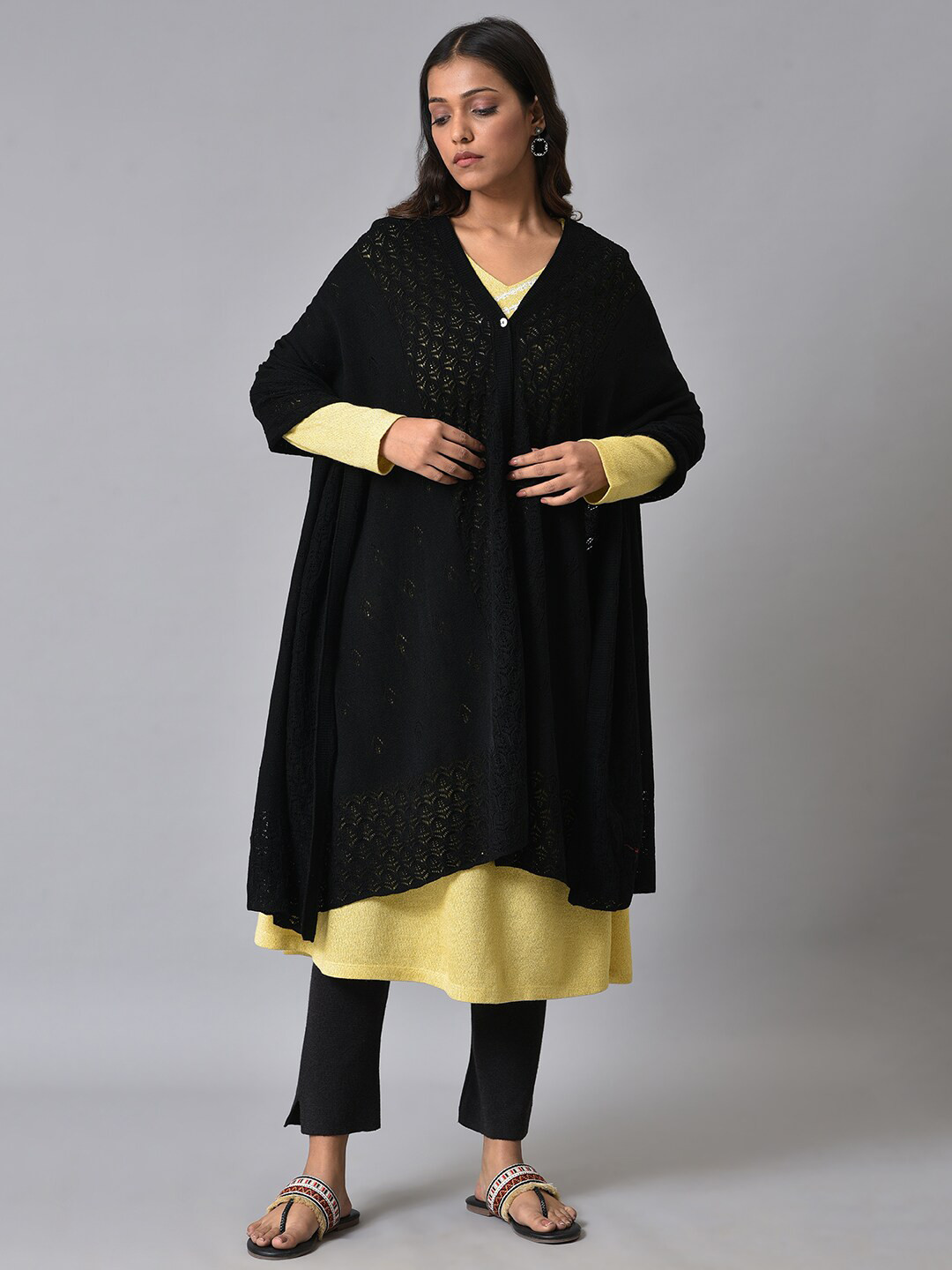 

W Women Self Design Acrylic Longline Shrug, Black