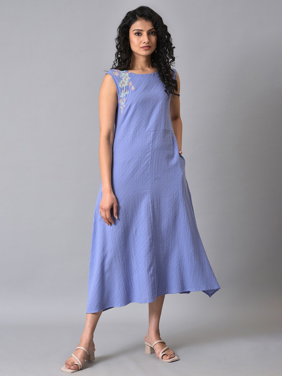 

W Embroidered Pure Cotton A-Line Midi Dress, Lavender