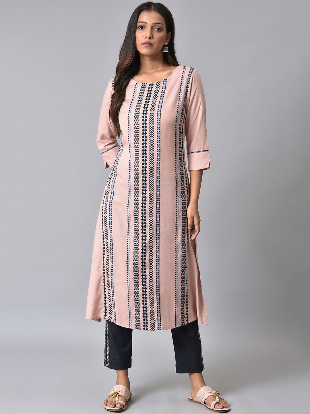 

W Plus Size Striped Viscose Rayon Straight Kurta, Peach