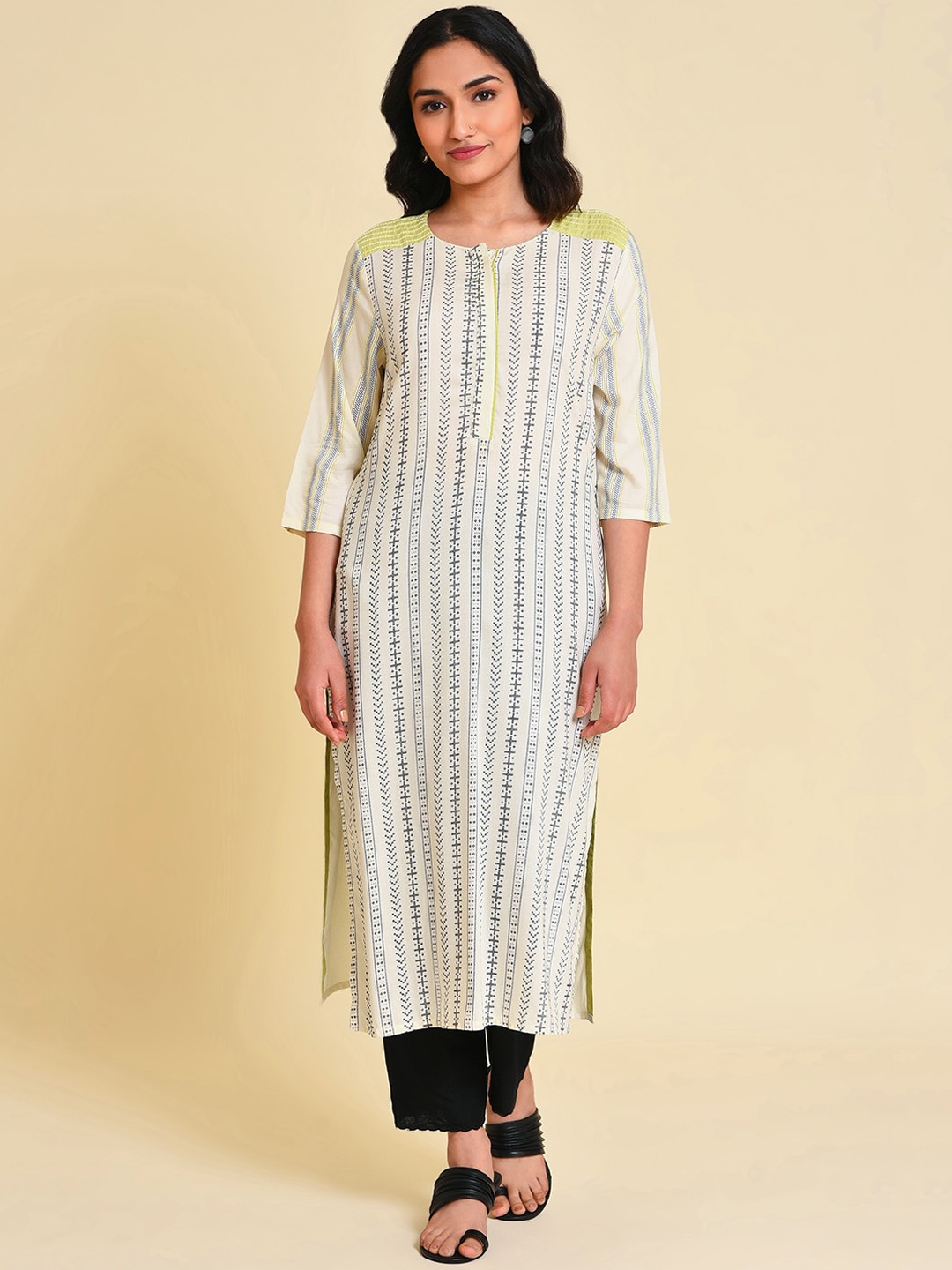 

W Striped Thread Work Straight Kurta, White