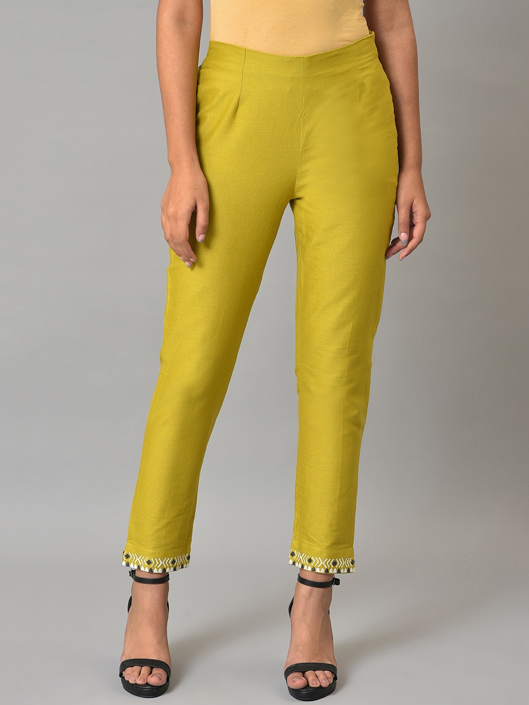

W Women Regular Fit Cigarette Trousers, Green