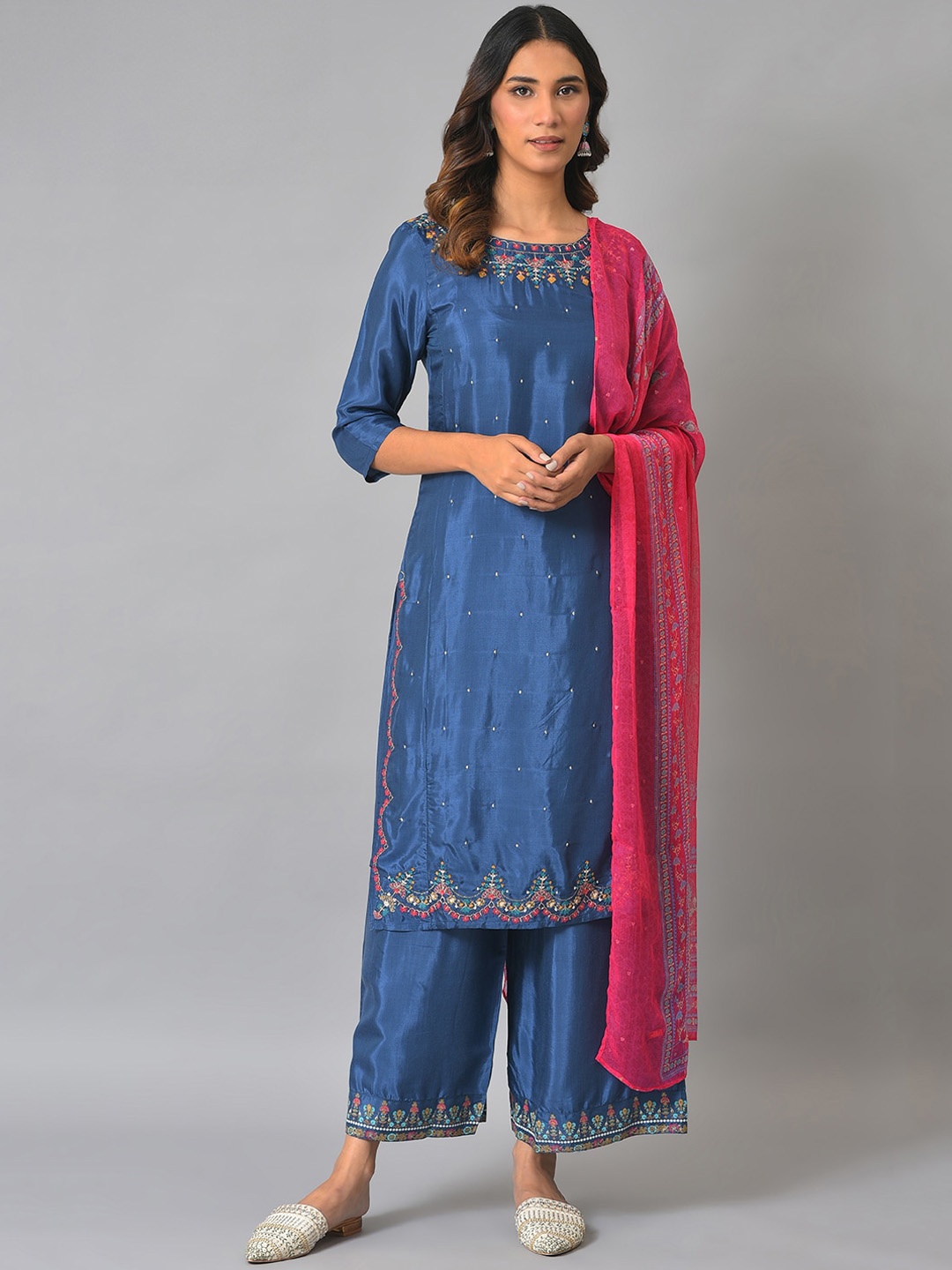 

W Floral Embroidered Straight Kurta with Trousers & Dupatta, Blue