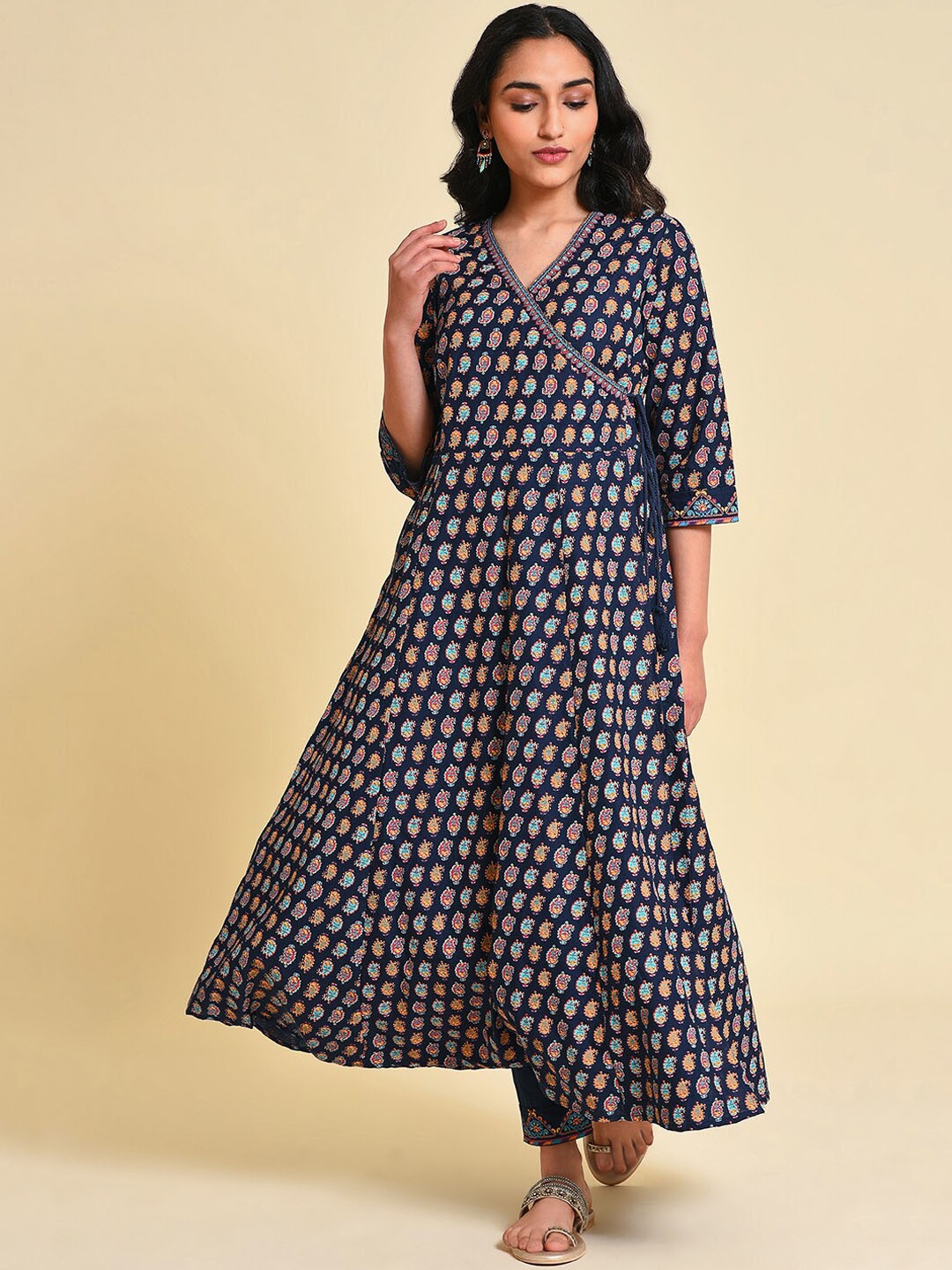 

W Paisley Printed Angrakha Pure Cotton Kurta With Trousers, Blue