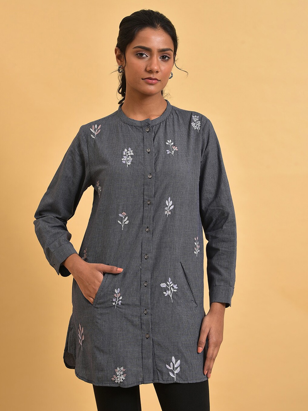 

W Mandarin Collar Floral Printed Cotton Tunic Top, Grey