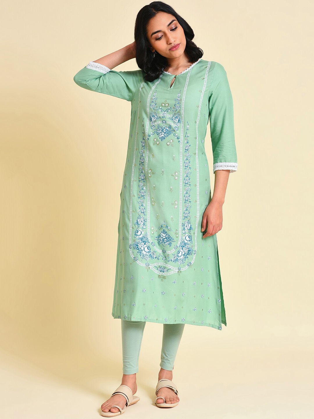 

W Floral Printed Keyhole Neck Straight Kurta, Green