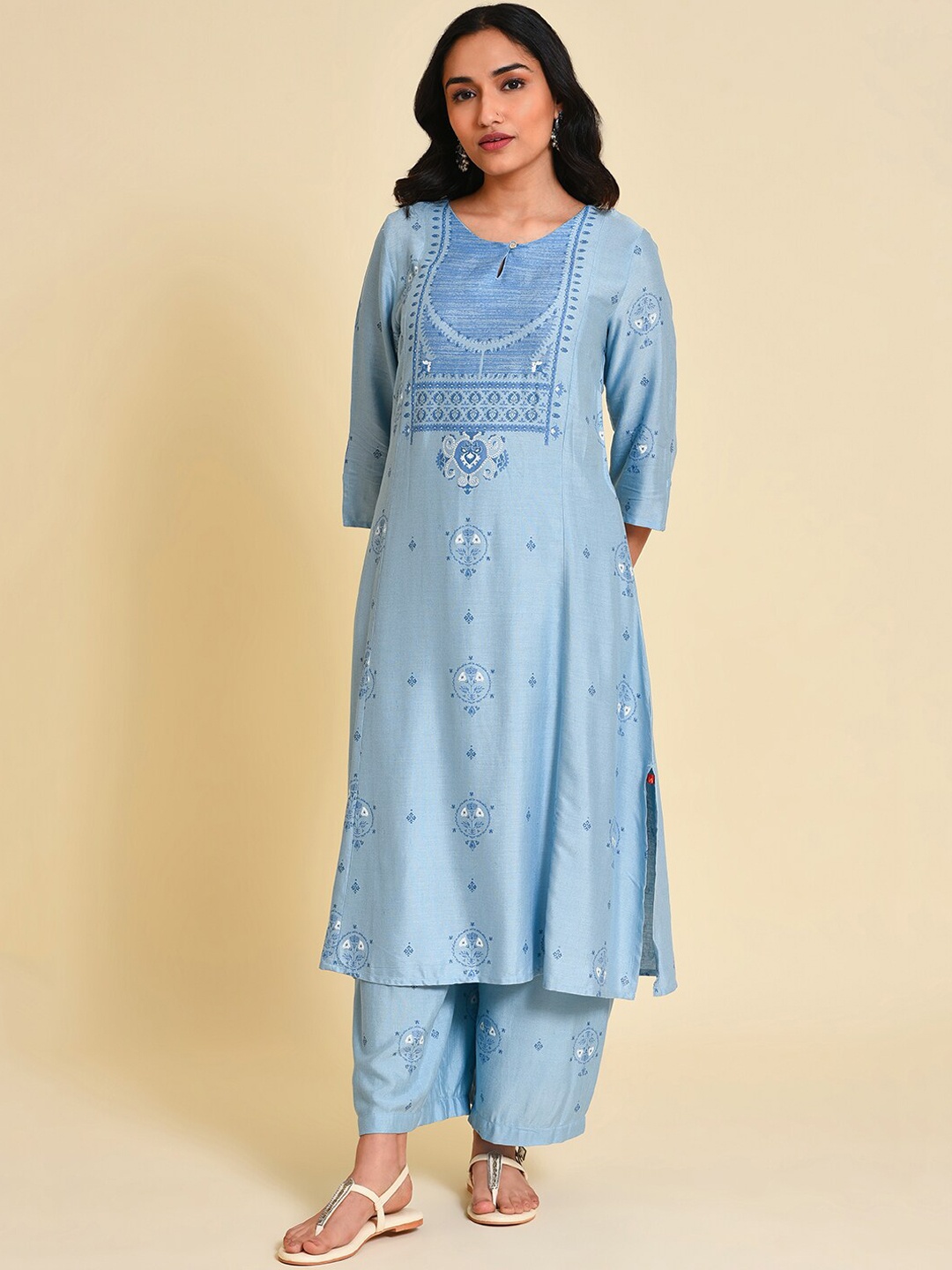 

W Women Floral Print Co-Ord Kurta Set With Parallel Pant, Blue