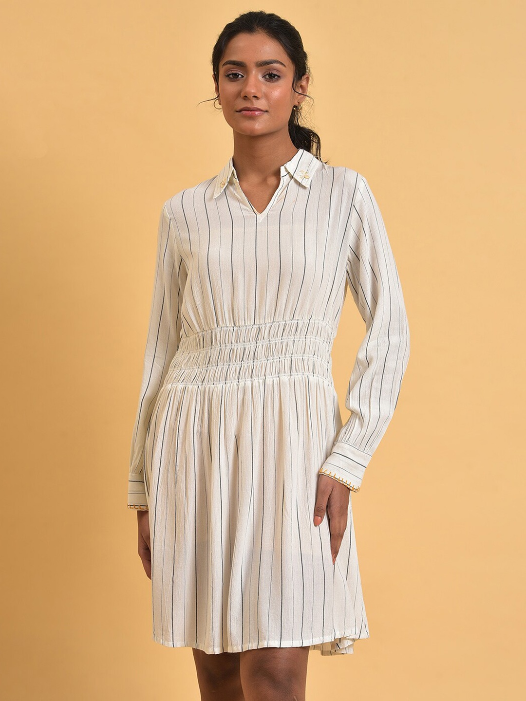 

W Shirt Collar Striped Shirt Dress, White