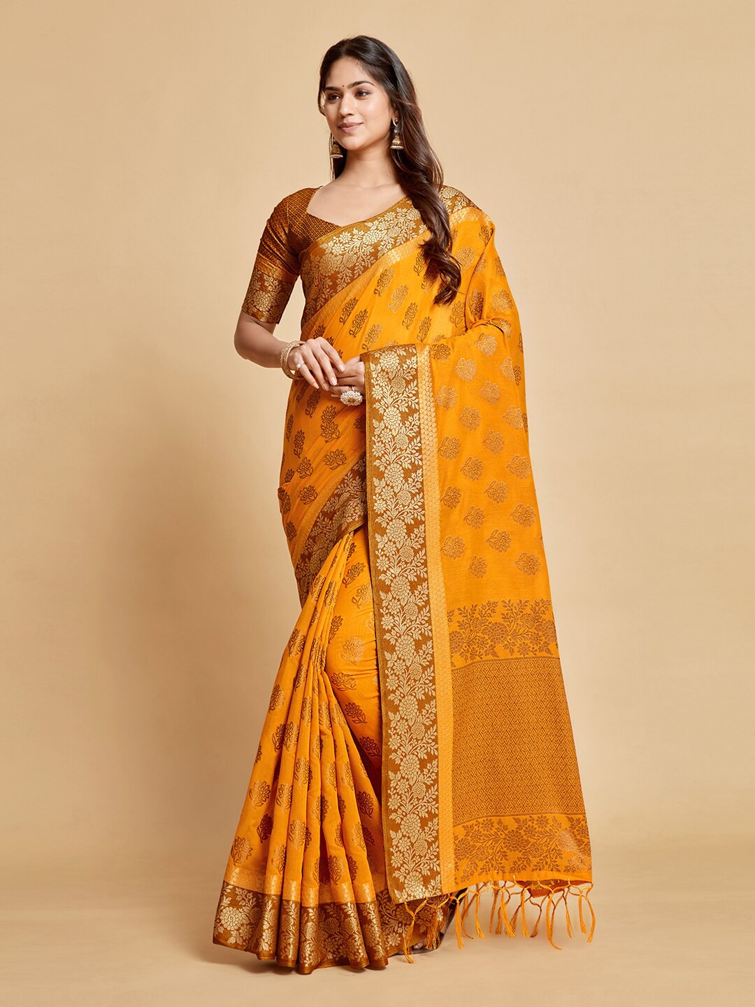 

Sangria Ethnic Motif Printed Banarasi Saree, Mustard