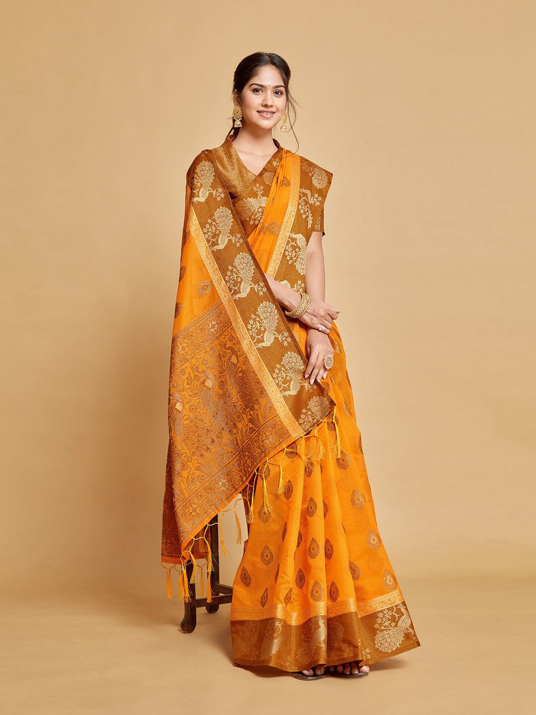 

Sangria Ethnic Motifs Woven Design Art Silk Banarasi Saree, Mustard