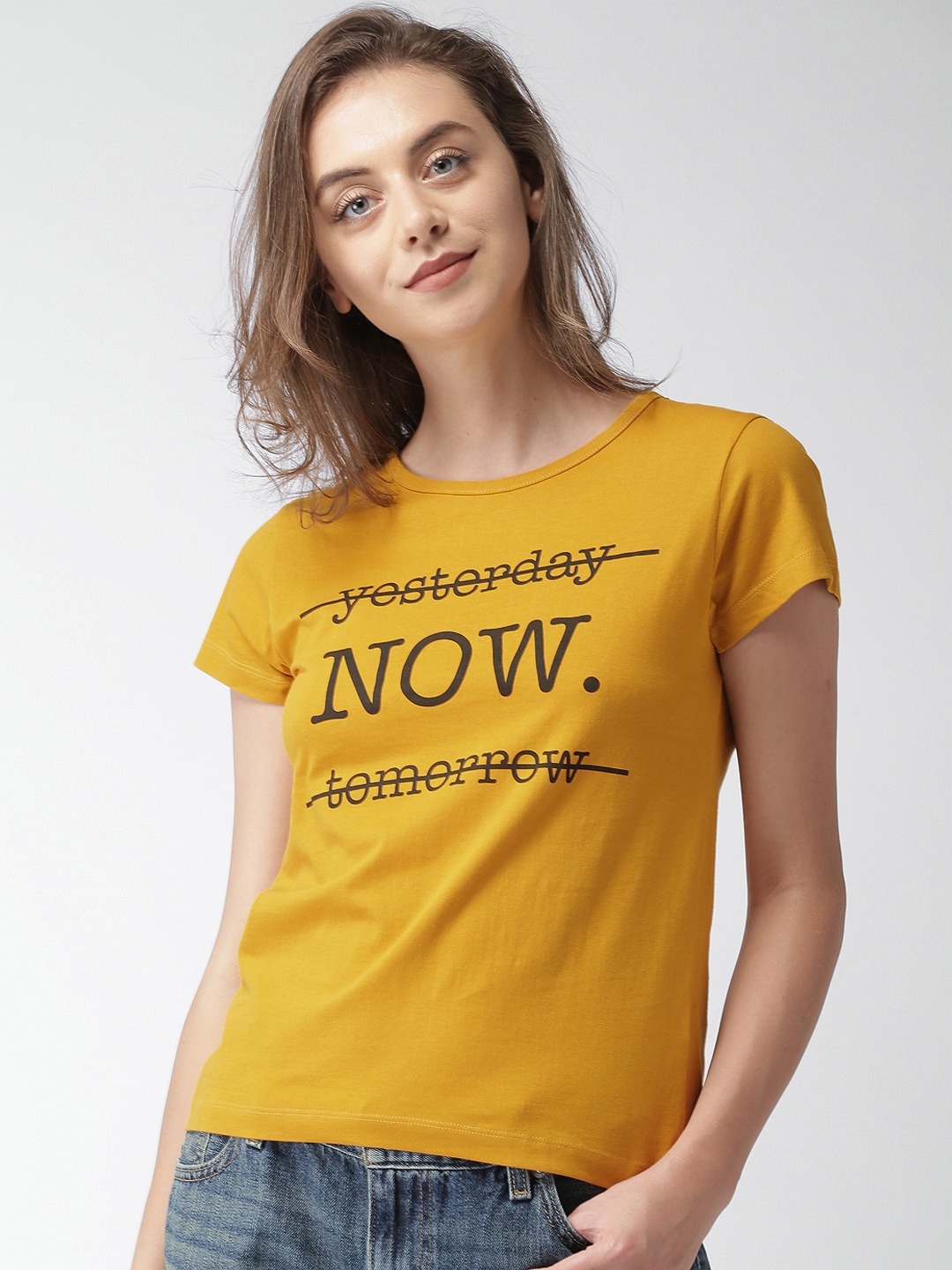 

Mast & Harbour Women Mustard Yellow Printed Round Neck T-shirt