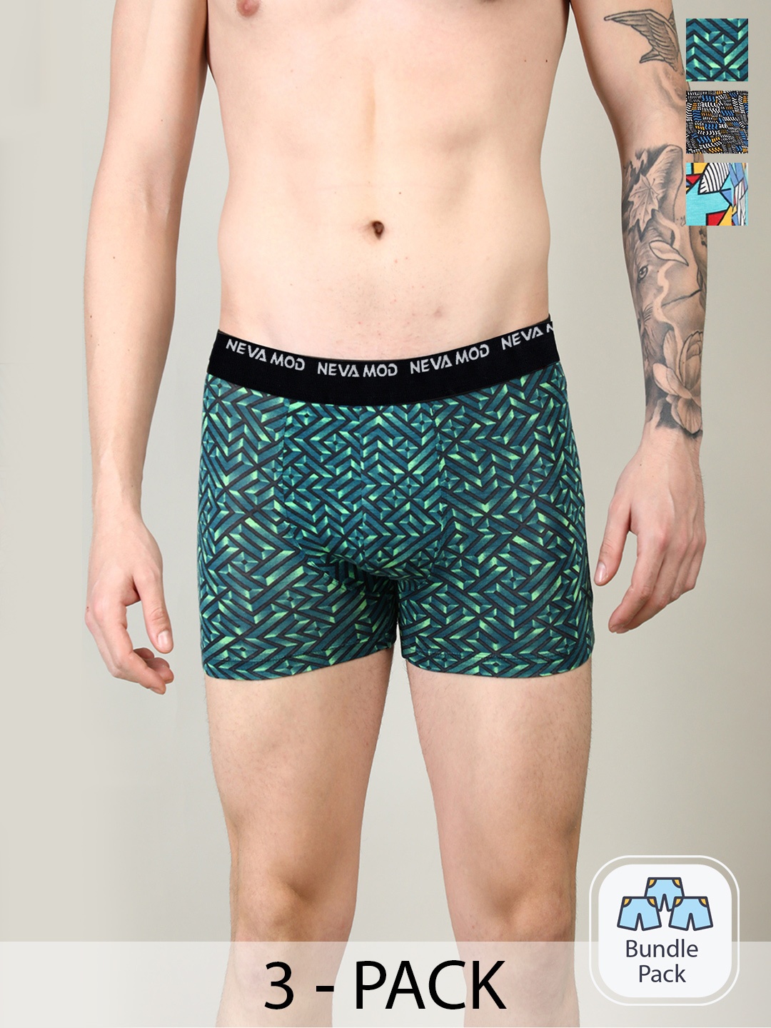 

NEVA Men Pack Of 3 Printed Snug-Fit Trunks, Green