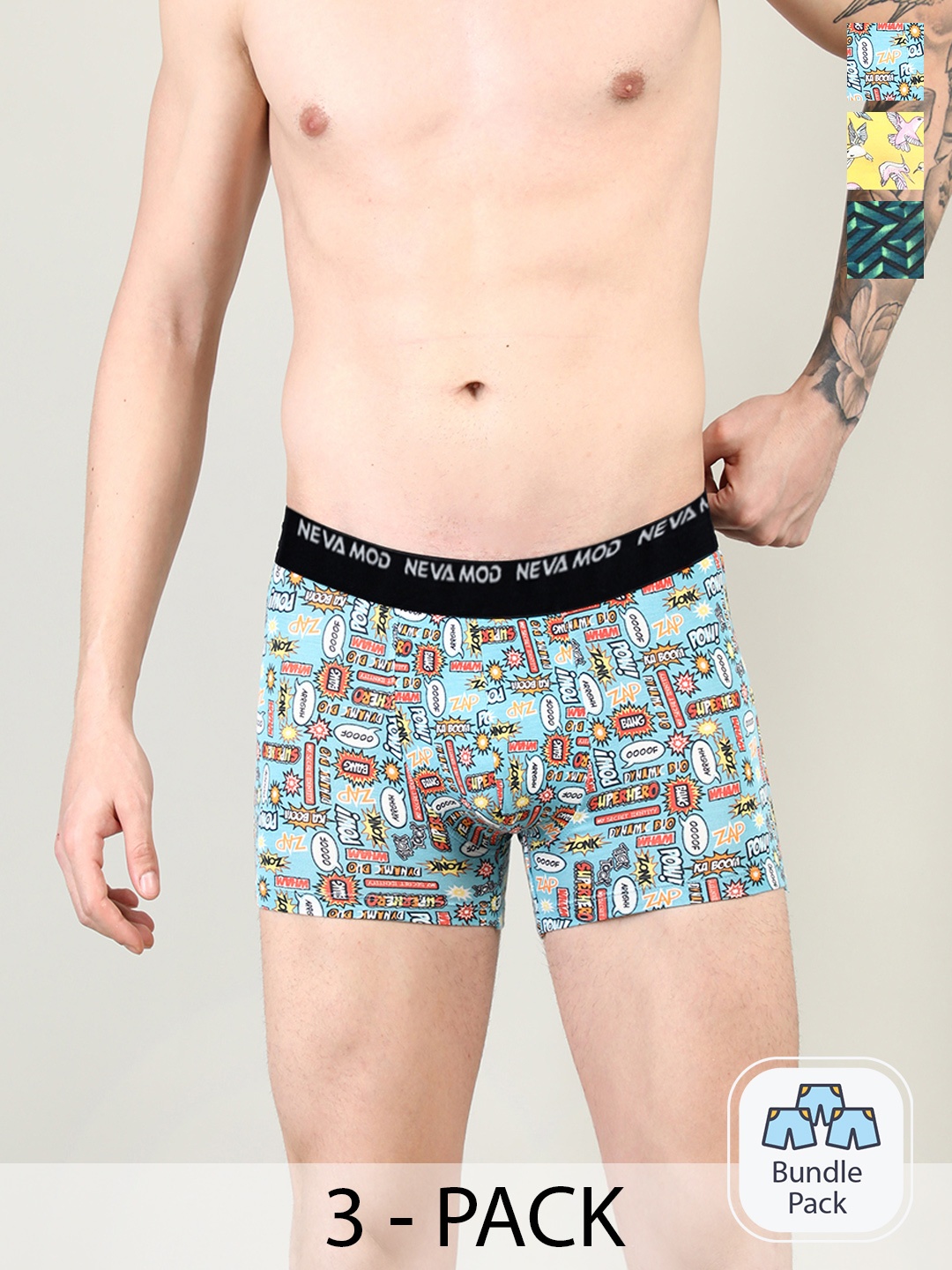 

NEVA Men Pack Of 3 Printed Stretchable Trunks, Green