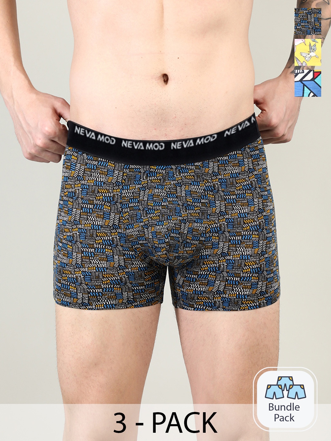 

NEVA Men Pack Of 3 Printed Stretchable Trunks, Black