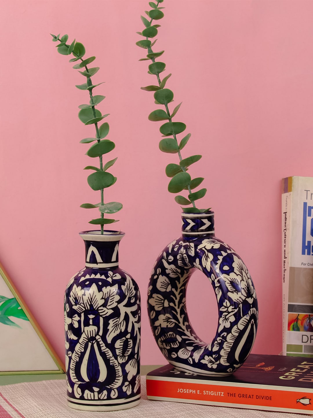 

TIED RIBBONS 2-Pcs Blue & White Printed Decorative Ceramic Flower Vases