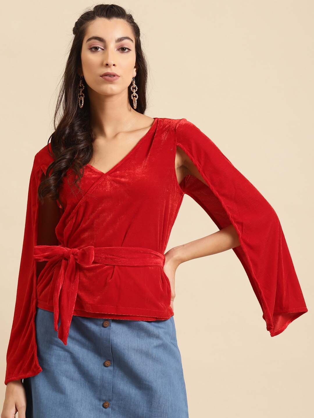 

DODO & MOA V-Neck Cape Sleeves Wrap Top, Red