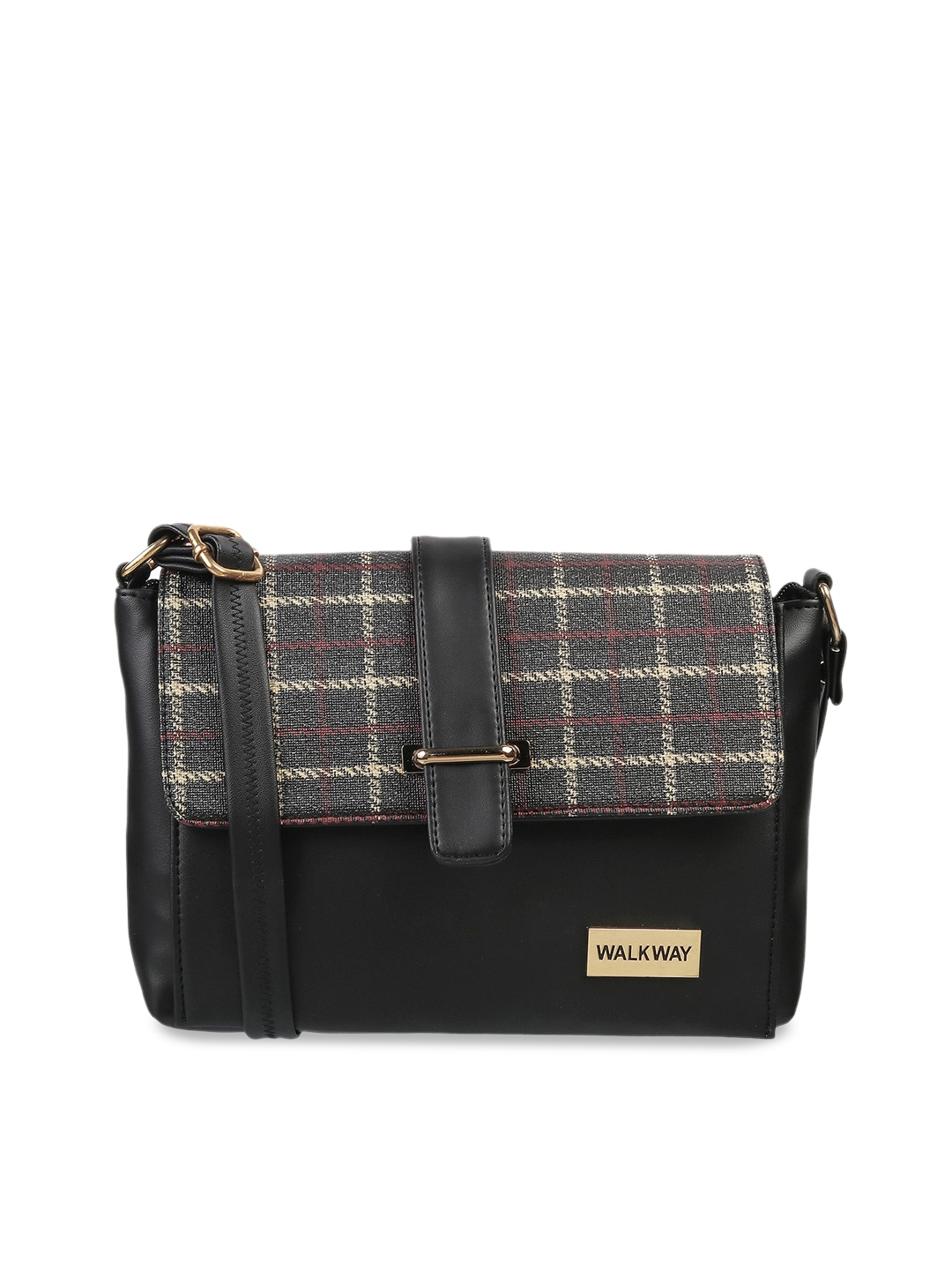 

WALKWAY by Metro Checked Printed Structured Sling Bag, Black