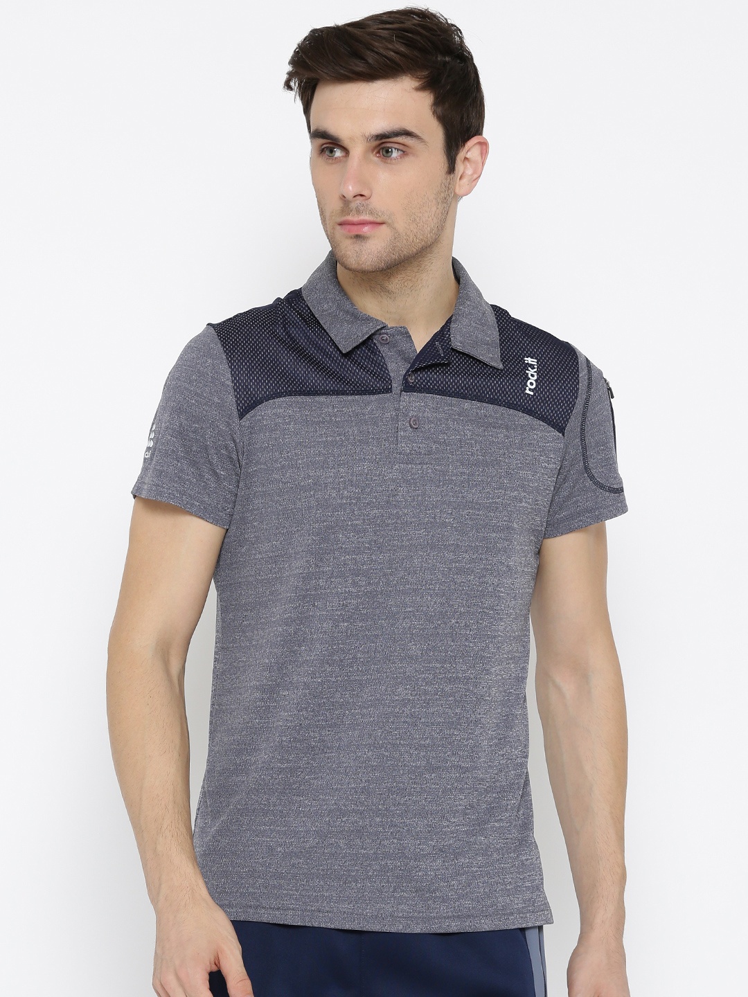 

rock.it Men Grey Melange Self-Design Polo Collar T-shirt