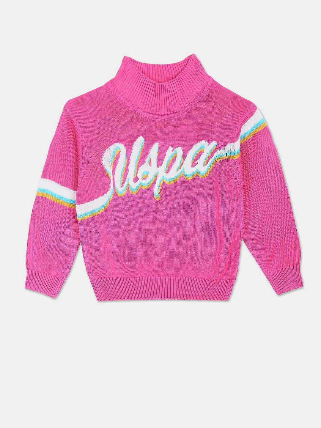 

U.S. Polo Assn. Kids Girls Typography Printed High Neck Sweater, Pink