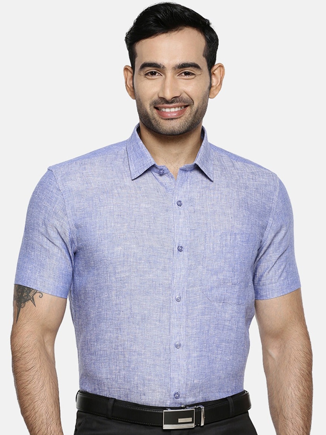 

Ramraj Original Fit Pure Linen Formal Shirt, Blue