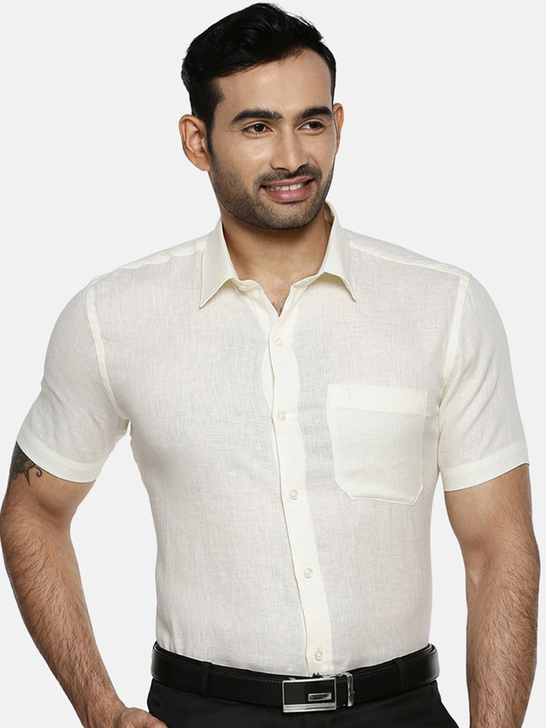 

Ramraj Spread Collar Linen Formal Shirt, Cream