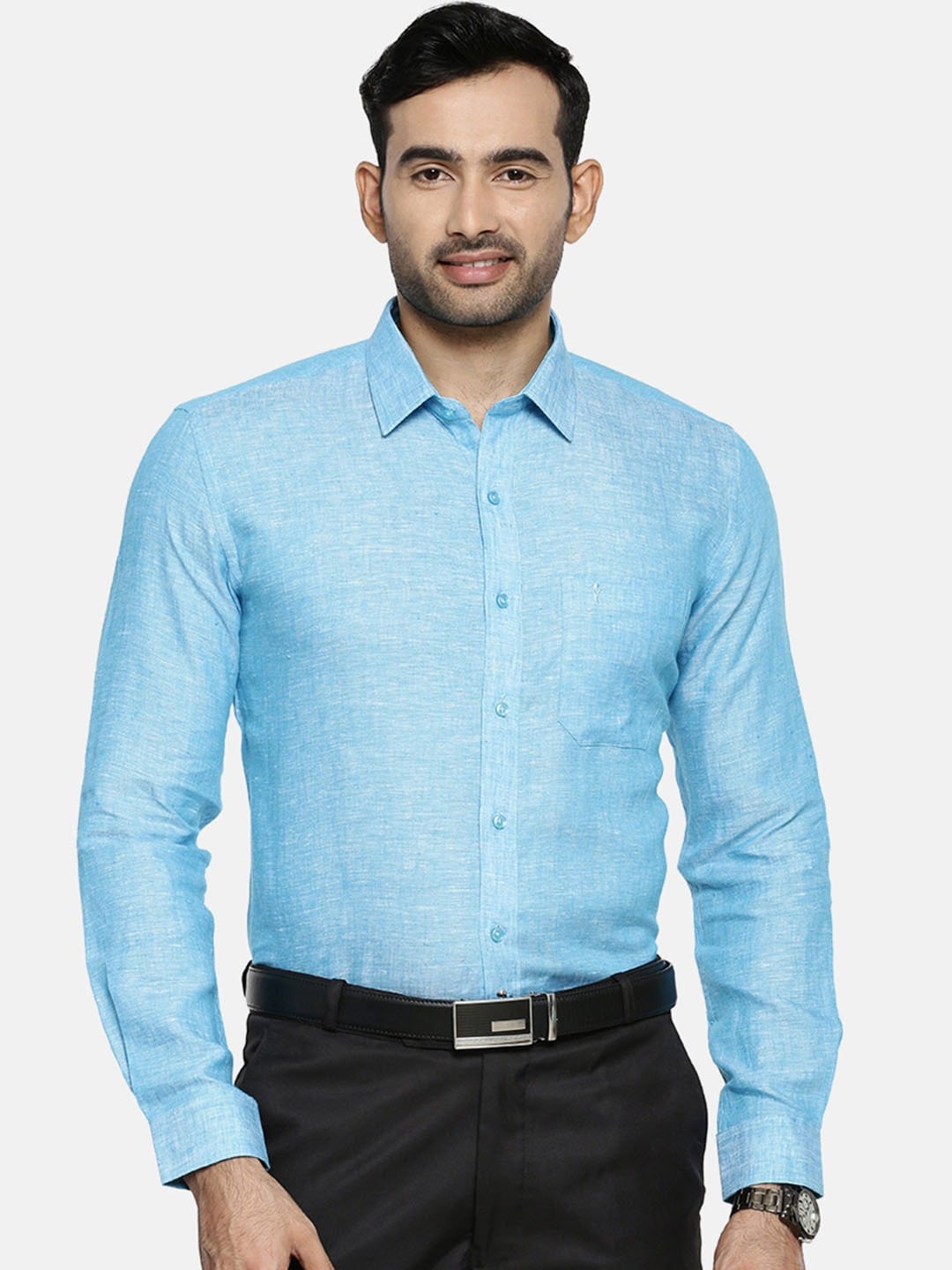 

Ramraj Spread Collar Slim Fit Linen Formal Shirt, Blue