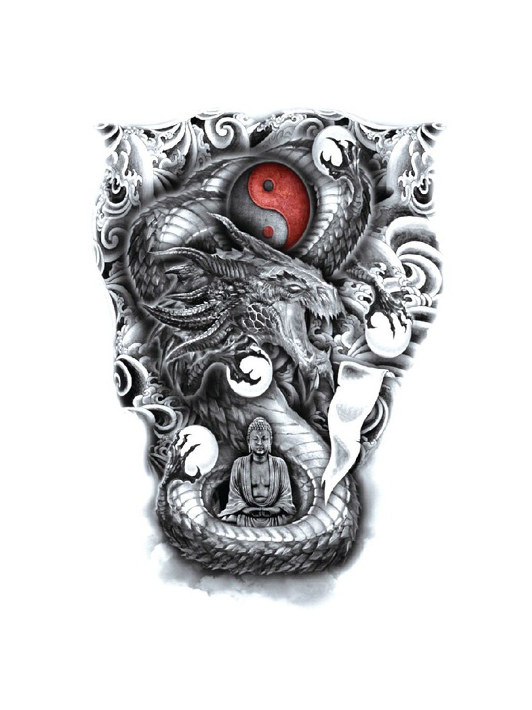 

S.A.V.I. Lord Buddha & Dragon Design Waterproof Full Back Temporary Tattoo Sticker - Black