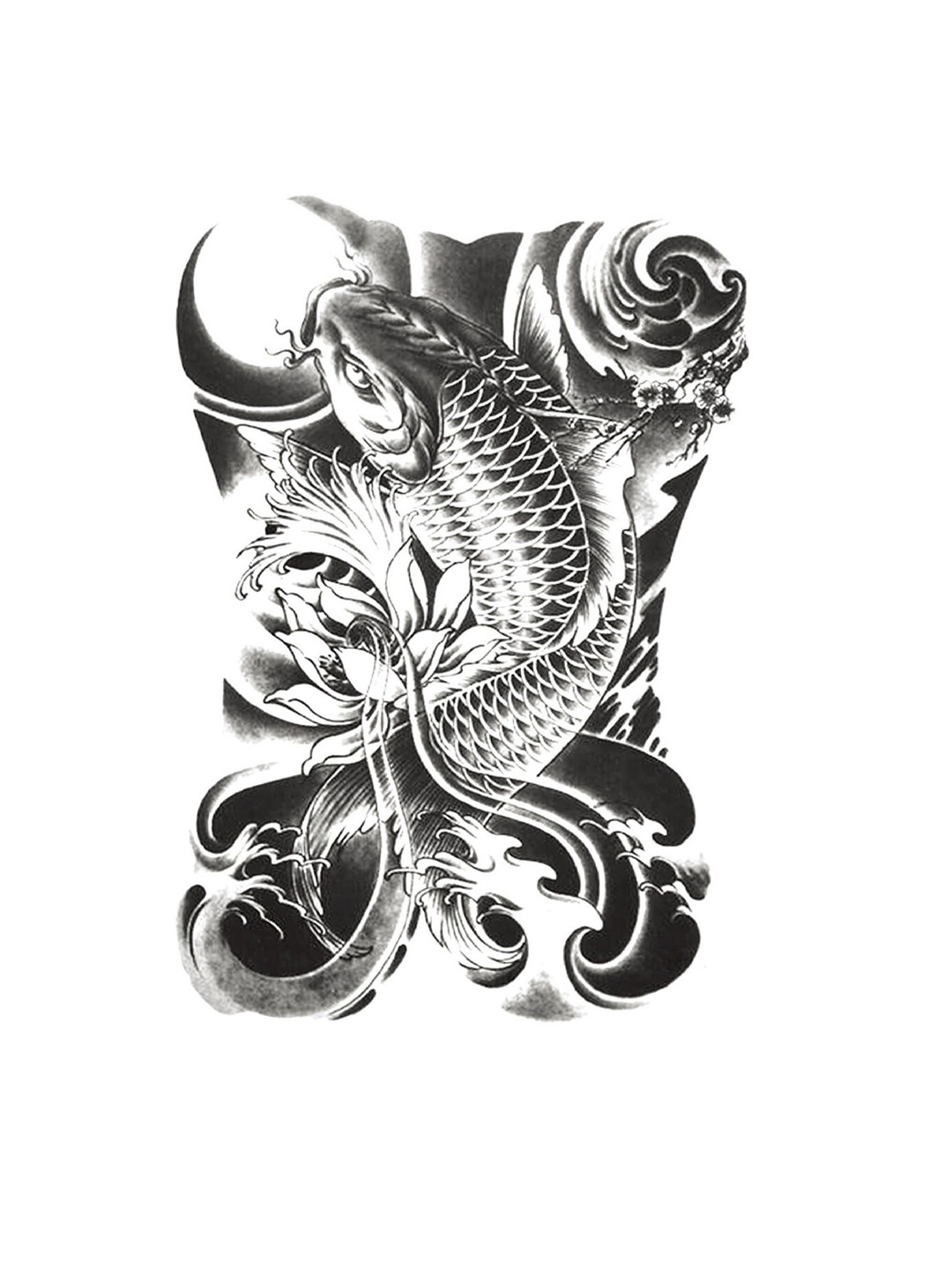 

S.A.V.I. Waterproof Lucky Fish Full Back Temporary Tattoo Sticker, Black