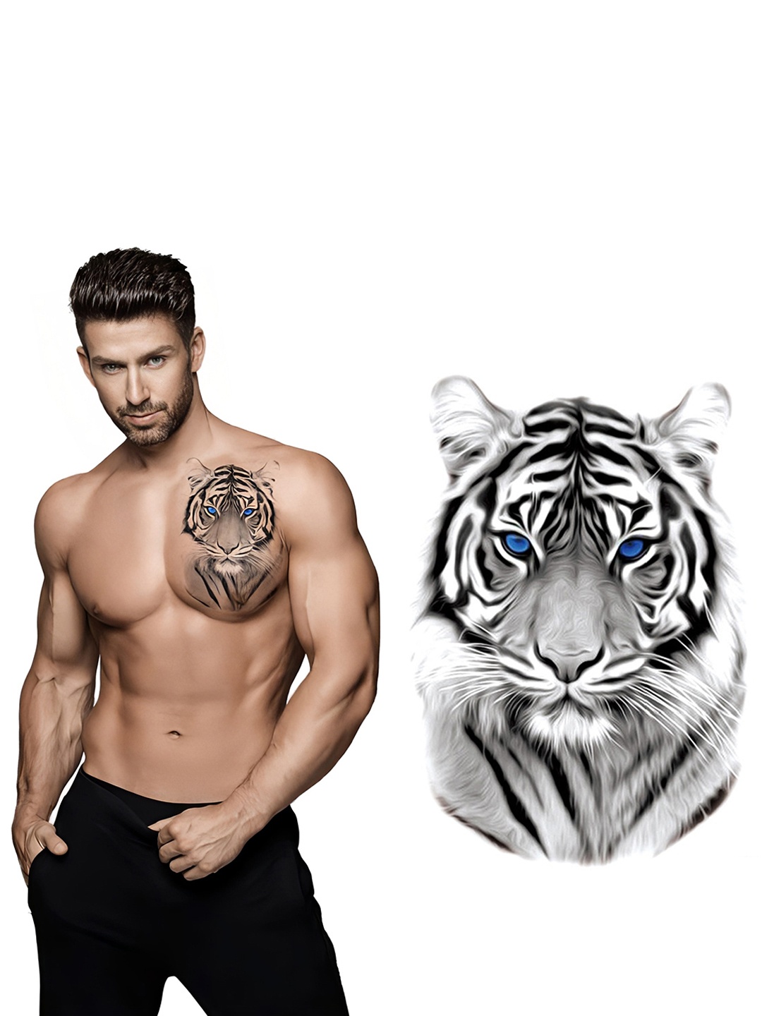 

S.A.V.I. Waterproof Beautiful Tiger with Blue Eyes Temporary Tattoo, Black