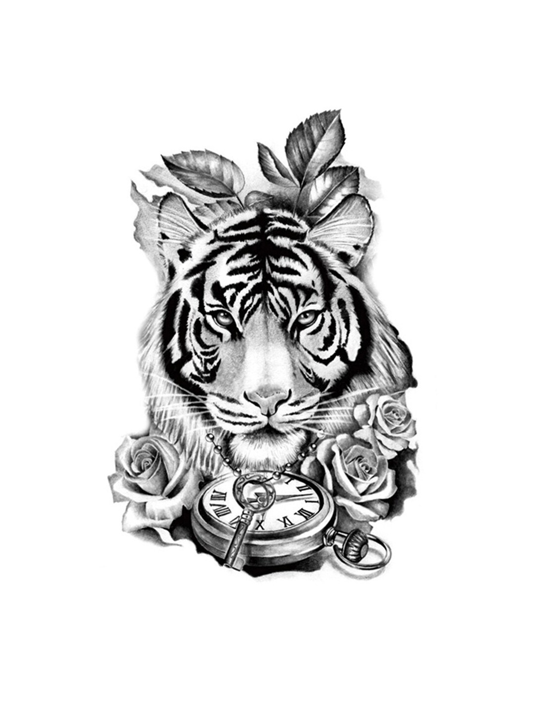 

S.A.V.I. Black Tiger Ancient Clock & Roses Designed Waterproof Temporary Tattoo Sticker