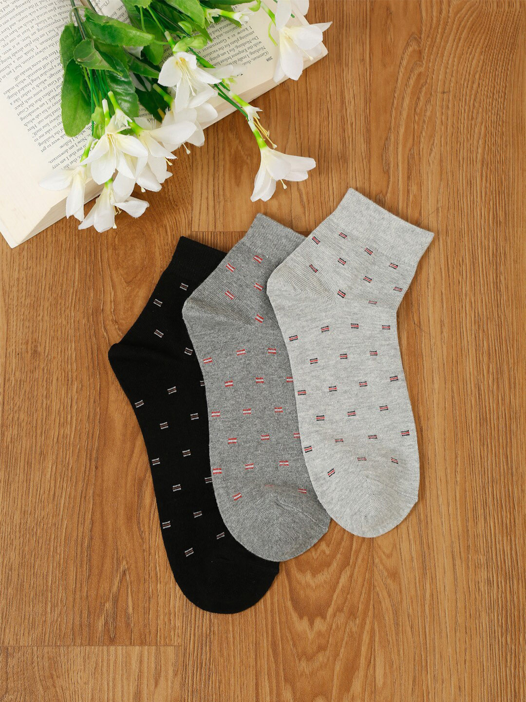 

MUTAQINOTI Men Pack Of 3 Patterned Ankle-Length Socks, Grey